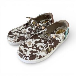 Hey Dude Wendy Disco Cow Tan Women's Size 8 Camo Print Slip On Casual Shoes